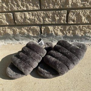 UGG Women's Fluff Yeah Faux Fur Slingback Sandal in Charcoal Grey